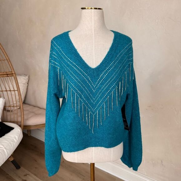 Women's NWT Broadway‎ 38 Blingy Rhinestone Teal Blue Sweater size M - Picture 3 of 9